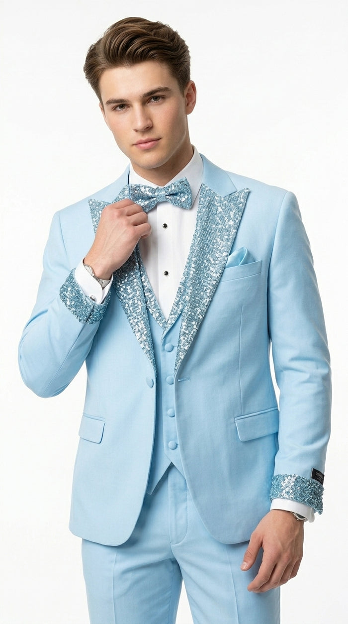 Men’s Baby Blue Prom Tuxedo Suit with Silver Rhinestone Sequin Lapel and Matching Vest