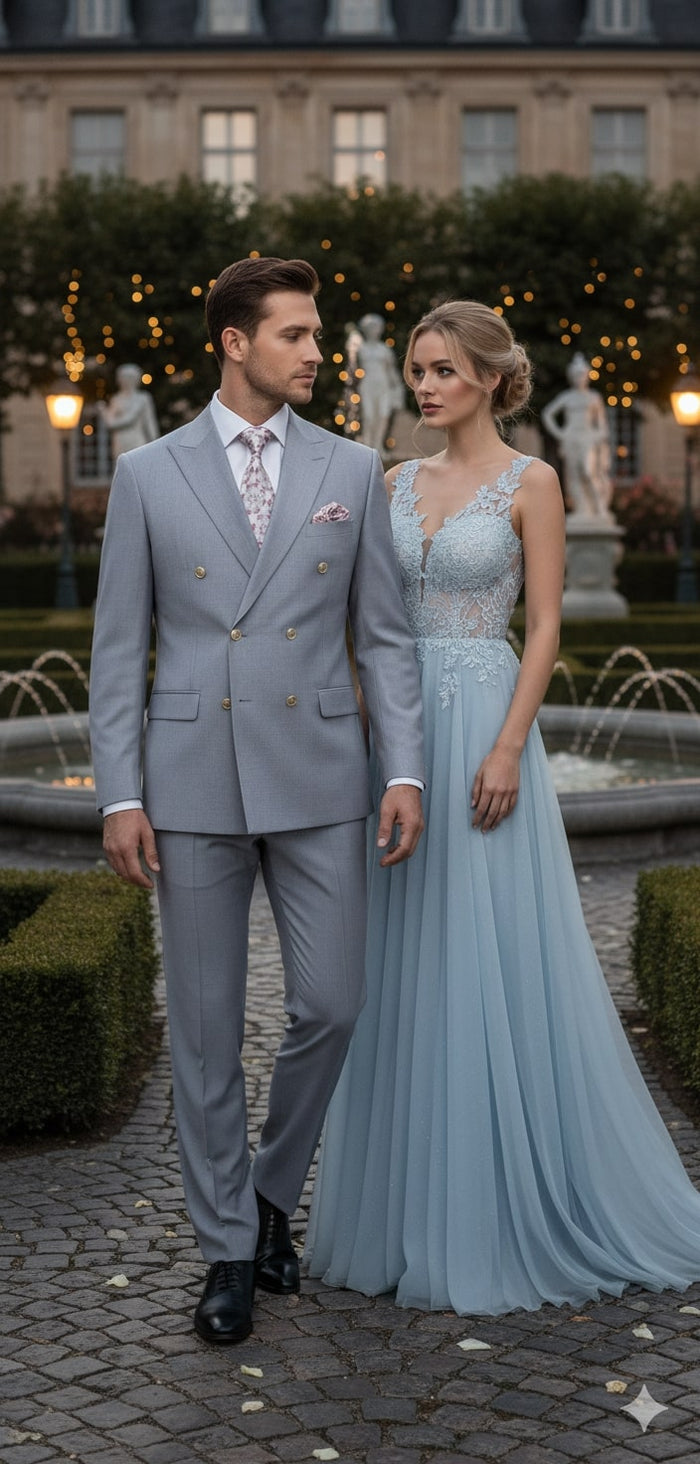 Mens Silver Grey Double-Breasted 3-Piece Suit  Classic Tailored Fit with Peak Lapel and Gold Buttons for Weddings, Church and Formal Events