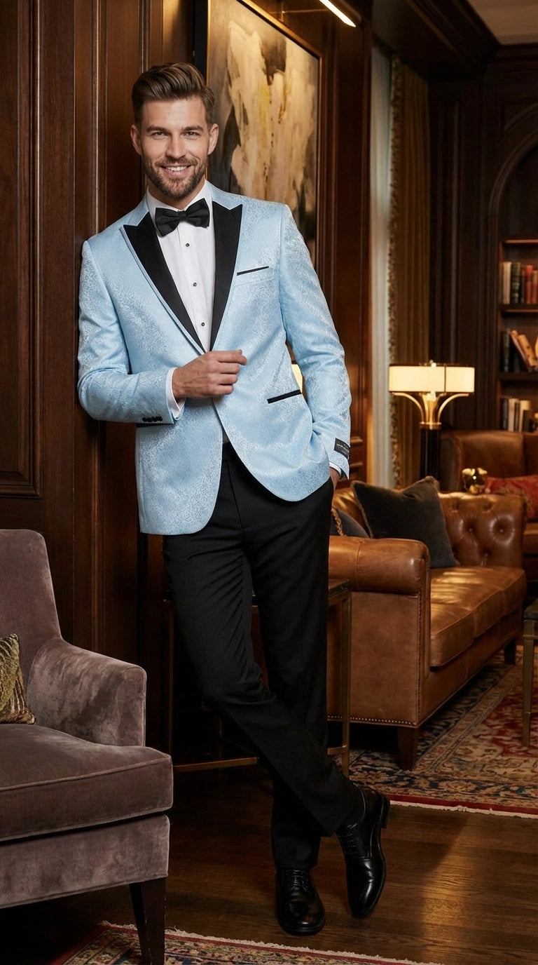 Men’s Baby Blue Tuxedo Blazer with Black Lapel – Formal Dinner Jacket for Wedding, Prom and Evening Events  in Sky Light Blue Color
