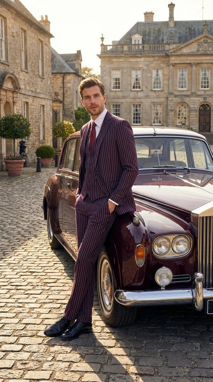 Men’s Plum Eggplant Pinstripe 3 Piece Suit – Burgundy Purple Formal Suit  Gangster 1920s Mafia Pimp Suit