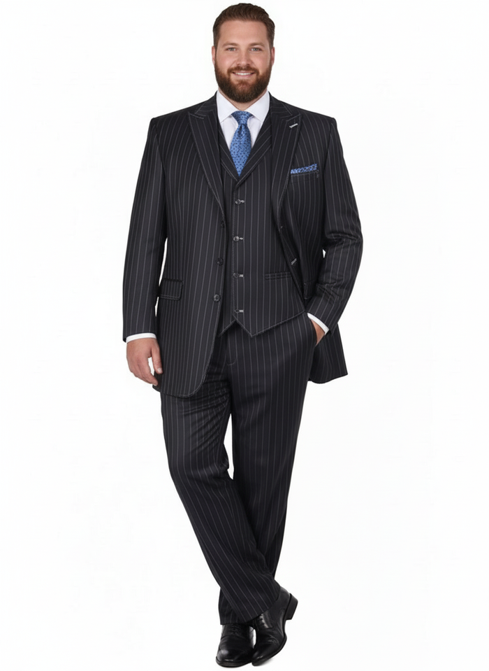 Mens Three Button Suits -  Navy Blue Pinstripe Three-Piece Suit  Classic Business and Formal Wear - Zoot Suit