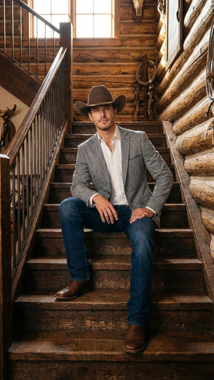 Men's Grey Tweed Herringbone Western Blazer Jacket  Style Look, Textured Formal Casual Sport Coat for Jeans