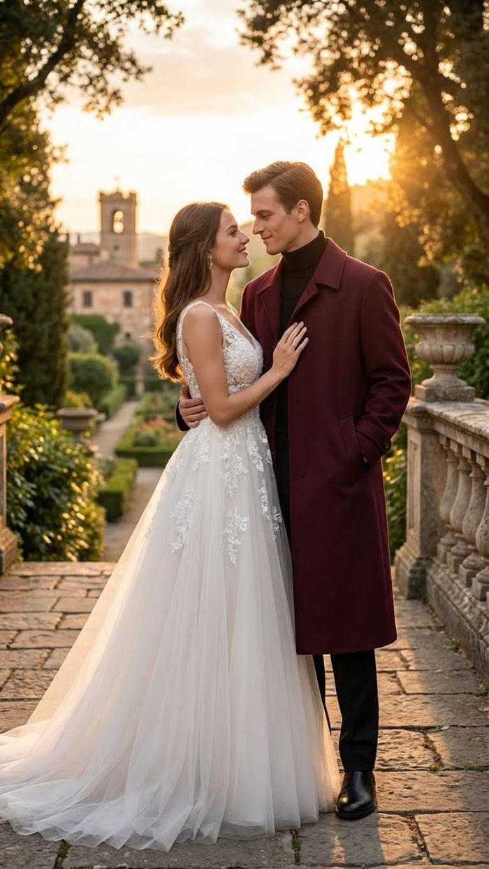 Mens Full-Length Burgundy Overcoat  Microfiber 4 season fabric  Long Formal Coat with Classic Tailored Maxi Duster Coat