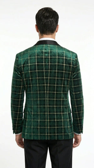 Men’s Green and Gold Plaid Christmas Holiday Blazer – Classic Check Party Jacket for New Year, Wedding and Festive New Year event