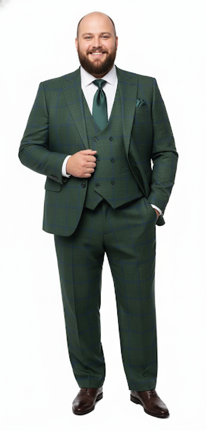 Mens Green Plaid 3-Piece Suit  Classic Check Slim Fit Suit for Weddings, Church, and Formal By Rossiman