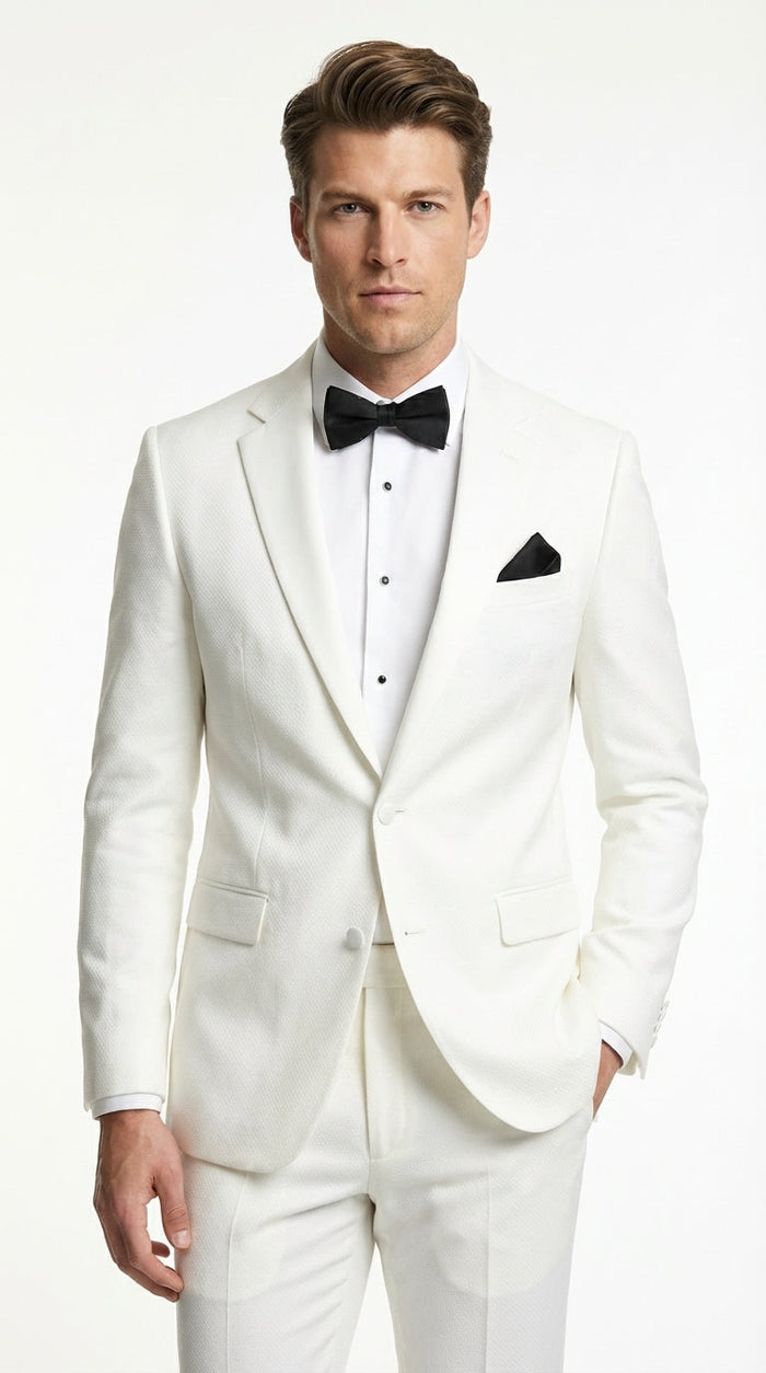 Mens White Wedding Tuxedo Suit – Formal Groom Suit Set Classic Dinner Jacket + White Tuxedo Shirt + Black Bow Tie