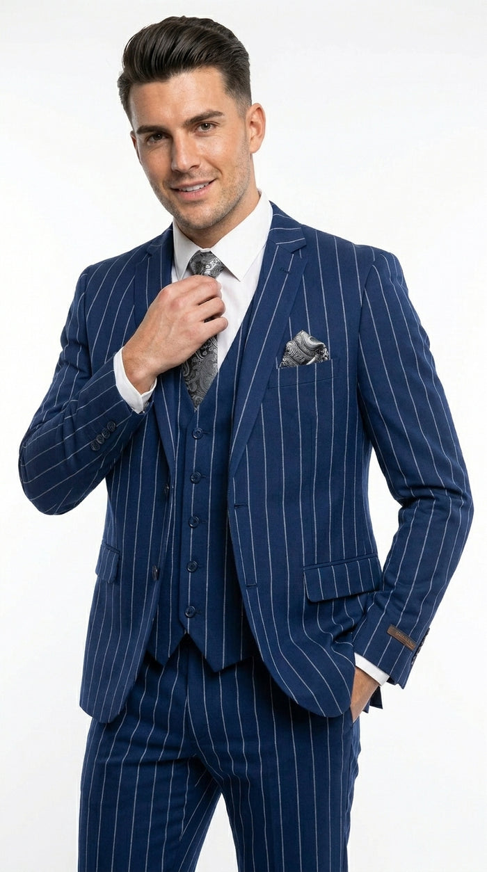 Men’s Navy Blue 1920s Gangster Stripe Vested Suit with White Pinstripes, 2 Button Dress Suit