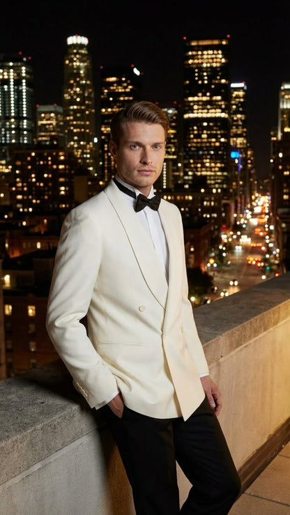 Mens Ivory Double-Breasted Shawl Lapel Tuxedo Jacket | Premium Formal Dinner Jacket for Weddings and Black-Tie Events