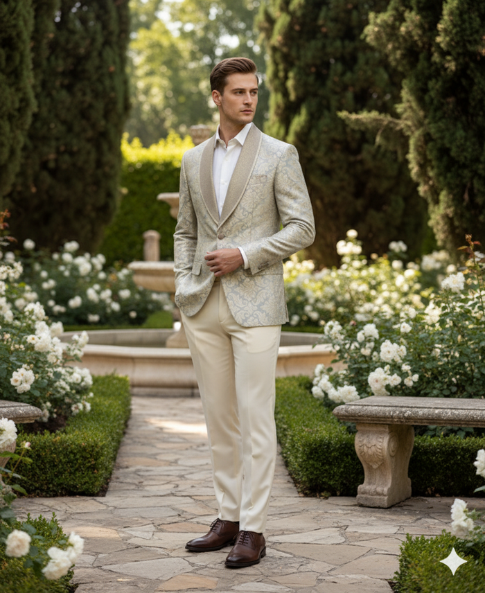 Mens Champaign Silver and Cream Embroidered Luxury Blazer  Floral Pattern Wedding & Party Dinner Jacket in Light Tan Color