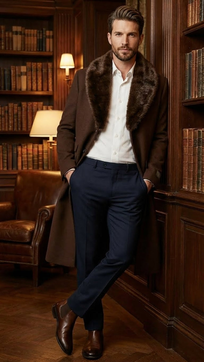 Mens Brown Long Overcoat with Faux Fur Collar  Classic Winter Formal Coat Three Quarter Carcoat Wool and Cashmere Fabric