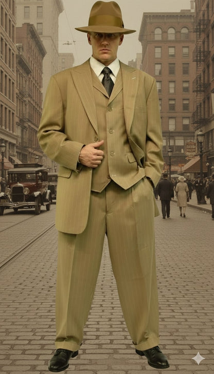 Mens Tan Pinstripe Zoot Suit  1920s Gangster Vintage 3-Piece Suit with Wide-Leg Pants