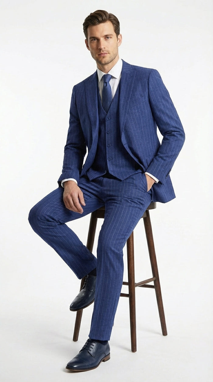 Men’s Cobalt Blue 3 Piece Suit – Indigo Light Blue Pinstripe Formal Suit with Vest for Wedding, Business Modern Fit Two buttons
