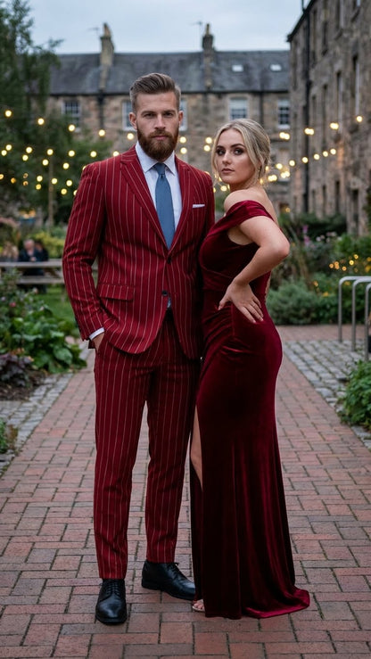 Men's Red Pinstripe Suit - Stripe Two-Button Vested Suit 2 Buttons