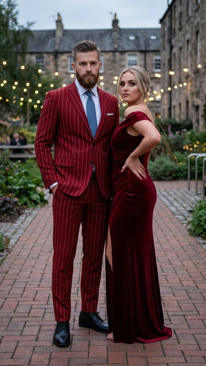 Men's Red Pinstripe Suit - Stripe Two-Button Vested Suit 2 Buttons