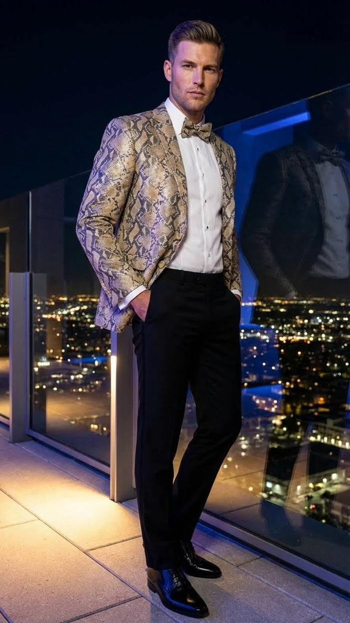 Mens Beige and Black Snakeskin Print Blazer  Alligator Crocodile Exotic Sking Sport Coat Jacket in Tan Camel Color