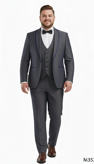Mens Charcoal Gray with blue Trim Slim Fit 3-Piece Suit  Modern Wedding and Business Formal Tuxedo Set