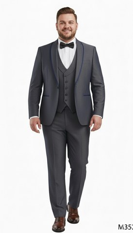Men’s Charcoal Gray with blue Trim Slim Fit 3-Piece Suit – Modern Wedding and Business Formal Tuxedo Set