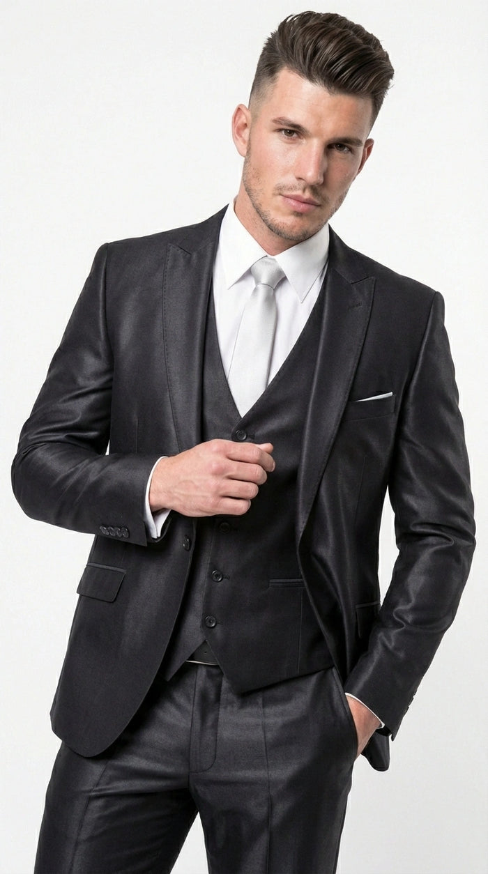 Men’s Black Three Piece Suit – Modern Fit 3PC Formal Suit with Vest for Weddings, Prom and Business Events Sharkskin Shiny Fabric
