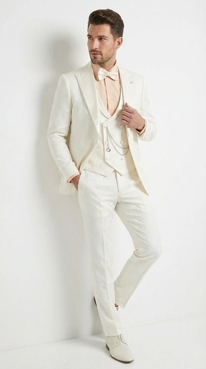 Vinci Men’s Ivory Three Piece Suit – Ivory 3PC Formal Wedding Suit for Groom, Prom and Black Tie Events