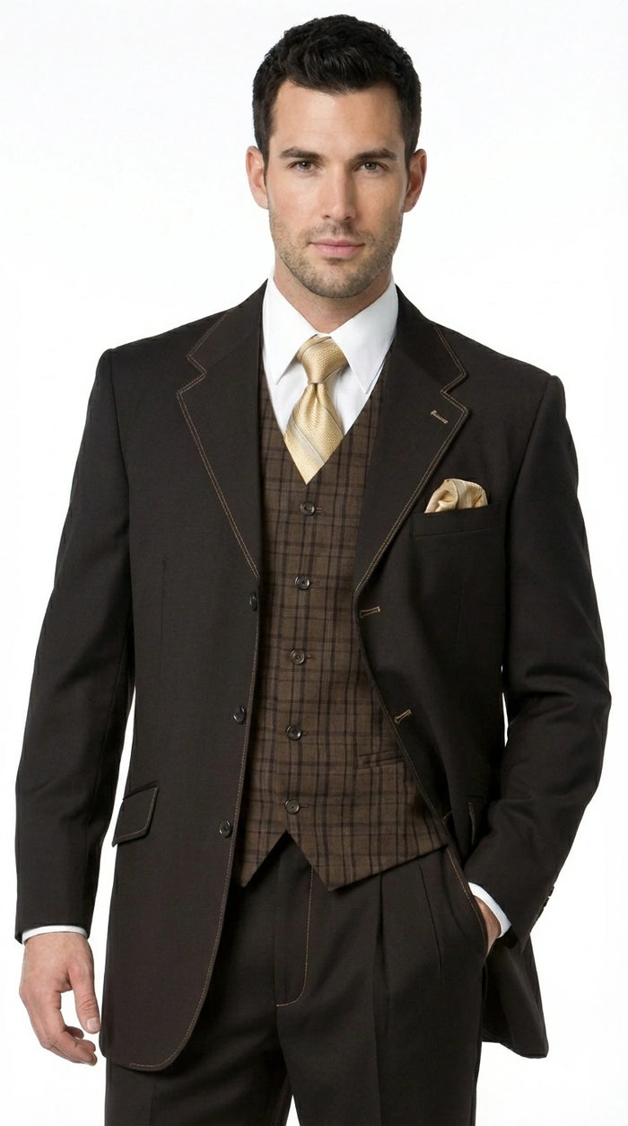 Tuxedo Men’s Dark choclate Brown Three Buttons 3 Piece Suit – Classic Brown 3PC Wedding, Church and Business Formal Suit for Men