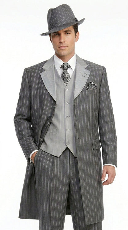 Men’s Grey Pinstripe Zoot Suit 3 Piece – 1920s Gangster Vintage Wide Lapel Suit with Vest for Wedding, Party