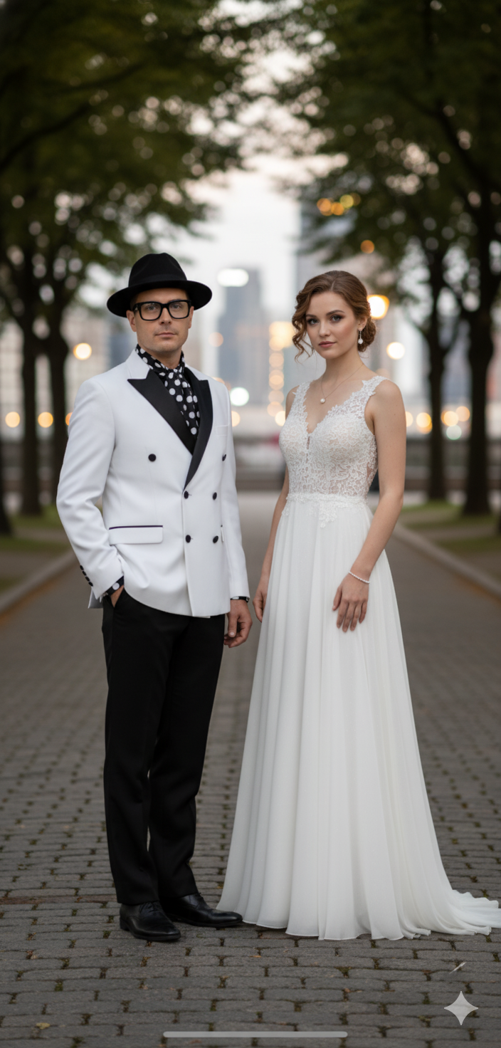 Mens White and Black Double-Breasted Tuxedo  Modern Slim Fit Formal Suit for Weddings, Parties, and Special Occasions