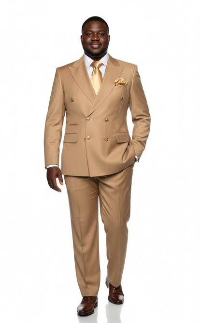 Mens Camel - Bronze - Goldish khaki Double-Breasted Suit  Luxury 2-Piece Formal Set with Gold Buttons and Peak Lapels by Rossi Man