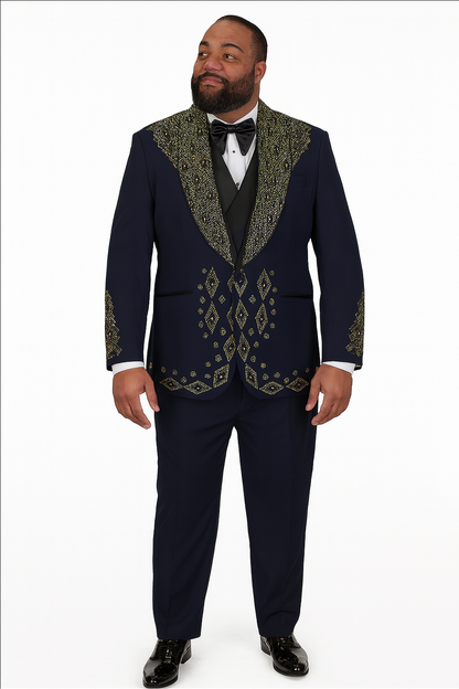 Mens Navy Tuxedo with Gold Embroidery  Slim Fit Formal Dinner Jacket with Shawl Lapel