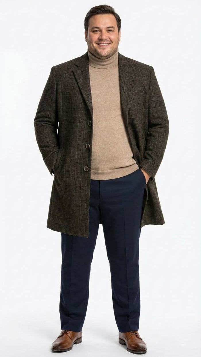 Mens Brown Checkered Wool Overcoat  Long Winter Coat with Classic Plaid Pattern By Statement