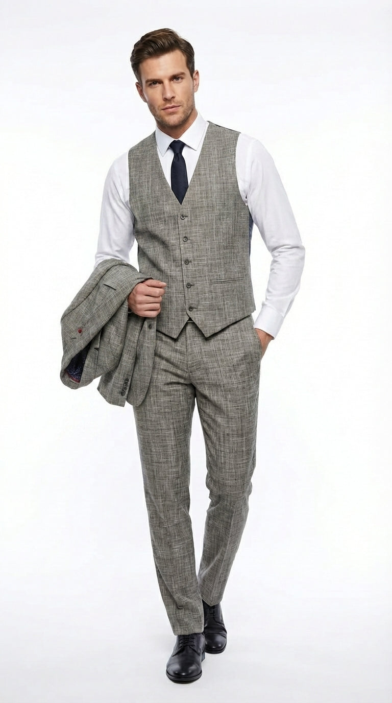 Vitali Brand Men’s Grey Textured Patterned 3 Piece Suit – Modern Fit Checkered Sharkskin with Blazer, Vest & Trousers, Business Wedding