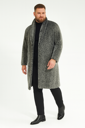 Mens Luxury Long Grey Faux Fur Coat  Winter Overcoat with Animal Print Design