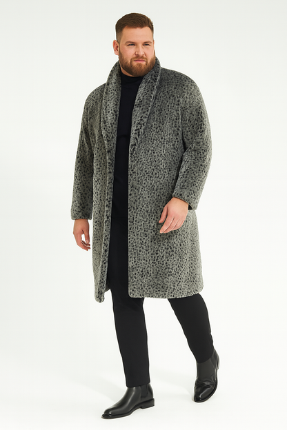 Mens Luxury Long Grey Faux Fur Coat  Winter Overcoat with Animal Print Design