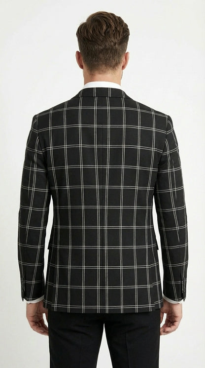 Men’s Black Windowpane Check Blazer – Black Plaid Formal Blazer Jacket for Business, Wedding and Smart Casual Style