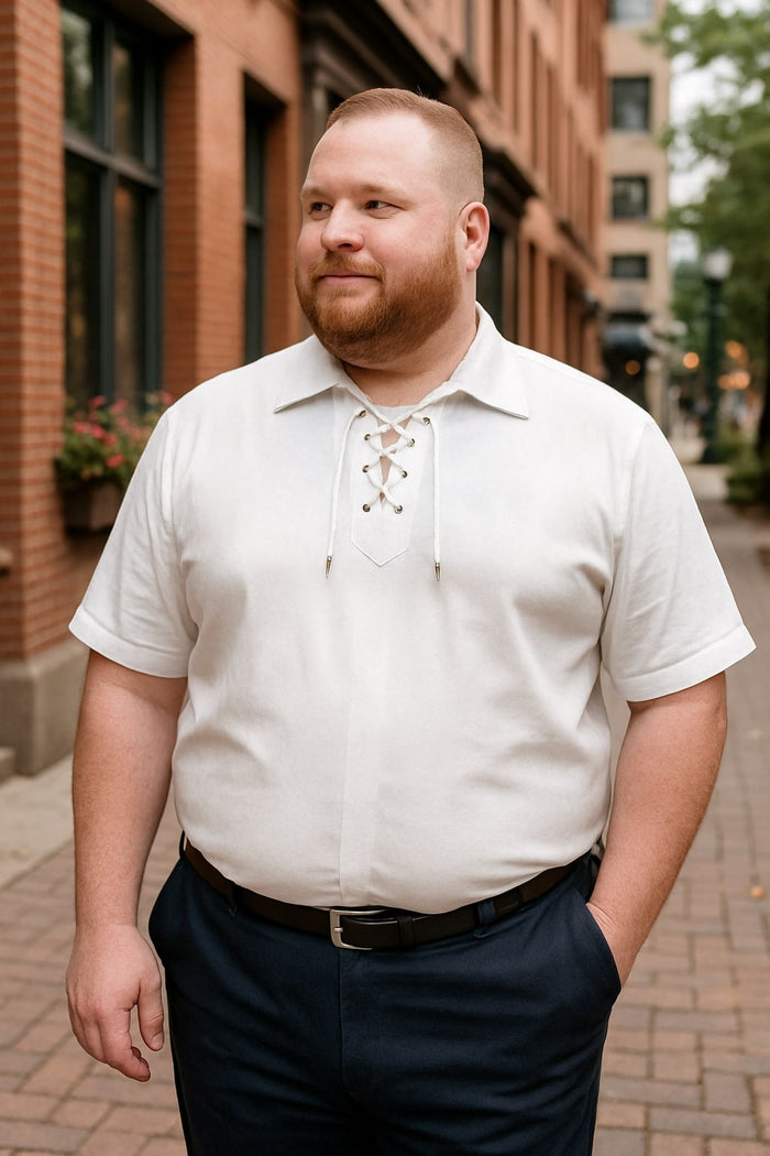 Mens White Lace-Up Renaissance Shirt  Linen Fabric Short Sleeve Casual Pirate Peasant Top