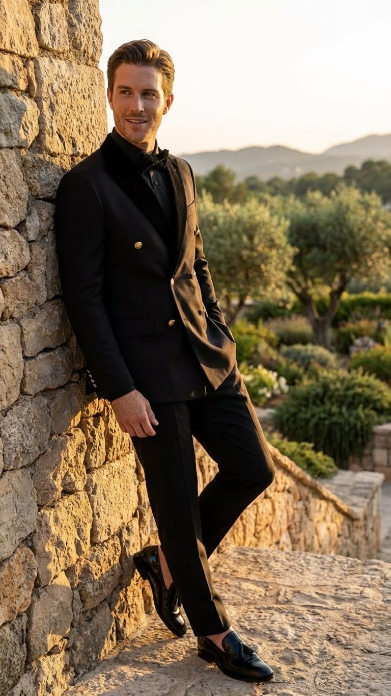 Men's Black Double Breasted Tuxedo Suit - Luxury Formal Dinner Jacket Gold Buttons Velvet Lapel