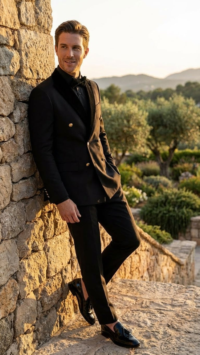 Men's Black Double Breasted Tuxedo Suit - Luxury Formal Dinner Jacket Gold Buttons Velvet Lapel
