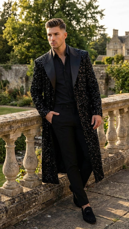Mens Black Sequin Long Coat with Satin Shawl Lapel  Luxury Statement Evening Overcoat