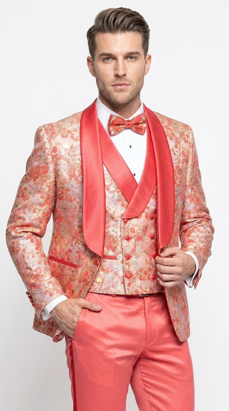 Men's One Button Paisley Wedding Tuxedo with Double Breasted Vest in Coral Orange