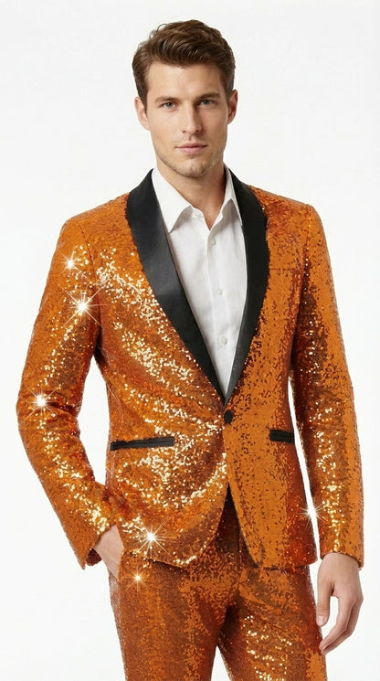 Mens Orange Sequin Tuxedo Suit – Shiny Wedding Suit Set with Black Lapel for Prom, Party, Gala and Formal Evening Wear - Goldish Orange