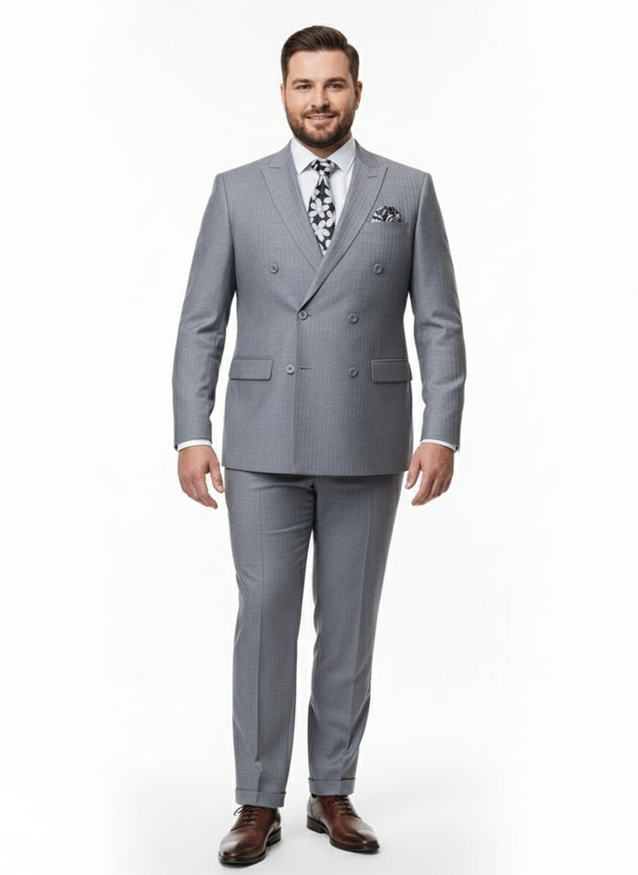 Mens Grey Tone on Tone Double-Breasted Suit  Classic Slim Fit 2 Piece Formal Business Gray Shadow Stripe