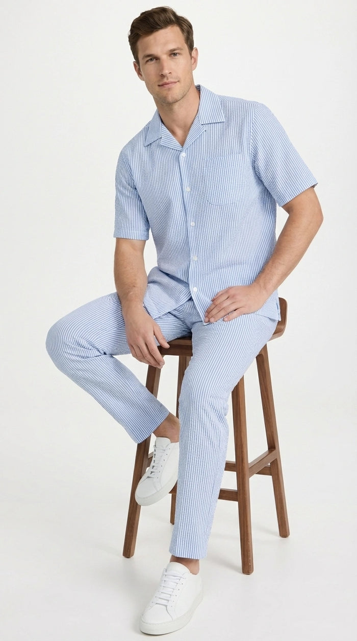 Mens Light Blue Seersucker Walking Suit Set – Casual Summer Short Sleeve Outfit with Matching Pants Lightweight Two Piece Set