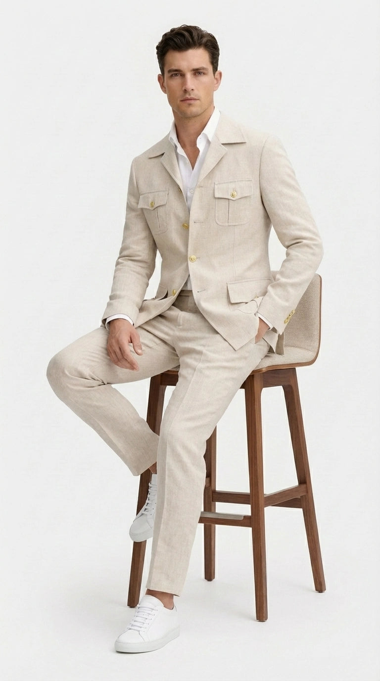 Mens Tan Beige Safari Military Walking Suit Set – Casual Two Piece Outfit Lightweight Summer Blazer and Pants Set Classic Casua Wear
