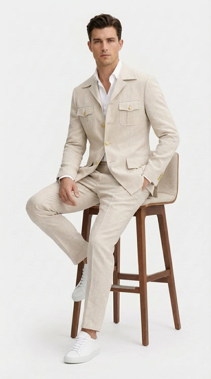 Mens Tan Beige Safari Military Walking Suit Set – Casual Two Piece Outfit Lightweight Summer Blazer and Pants Set Classic Casua Wear
