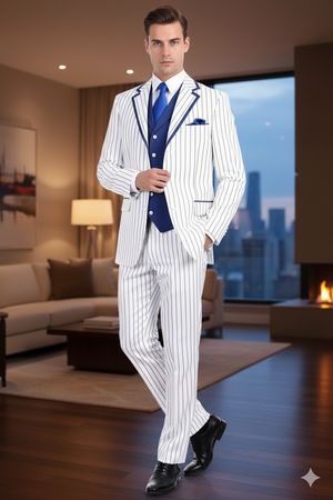 Mens White and Royal Blue Pinstripe 3-Piece Suit  Classic Fit Blazer with Vest, Pants, and Tie
