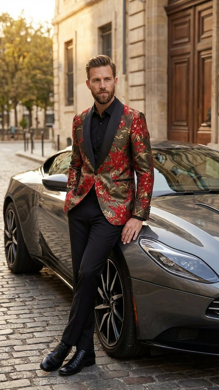Mens Red and Gold Floral Pattern Paisley  Shawl Lapel | Luxury Evening and Party Wear Jacket Prom Christmas New Year Blazer