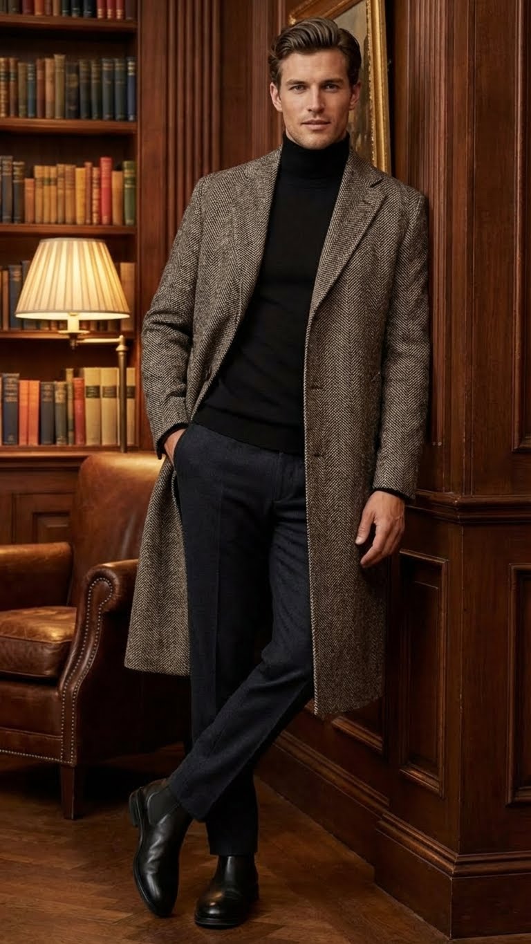Mens Black & Grey  Herringbone Tweed Wool Blend Overcoat  Classic Single-Breasted Winter Blazer Carcoat