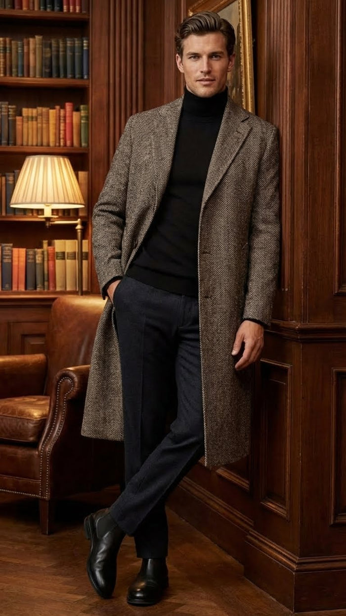 Mens Black & Grey  Herringbone Tweed Wool Blend Overcoat  Classic Single-Breasted Winter Blazer Carcoat