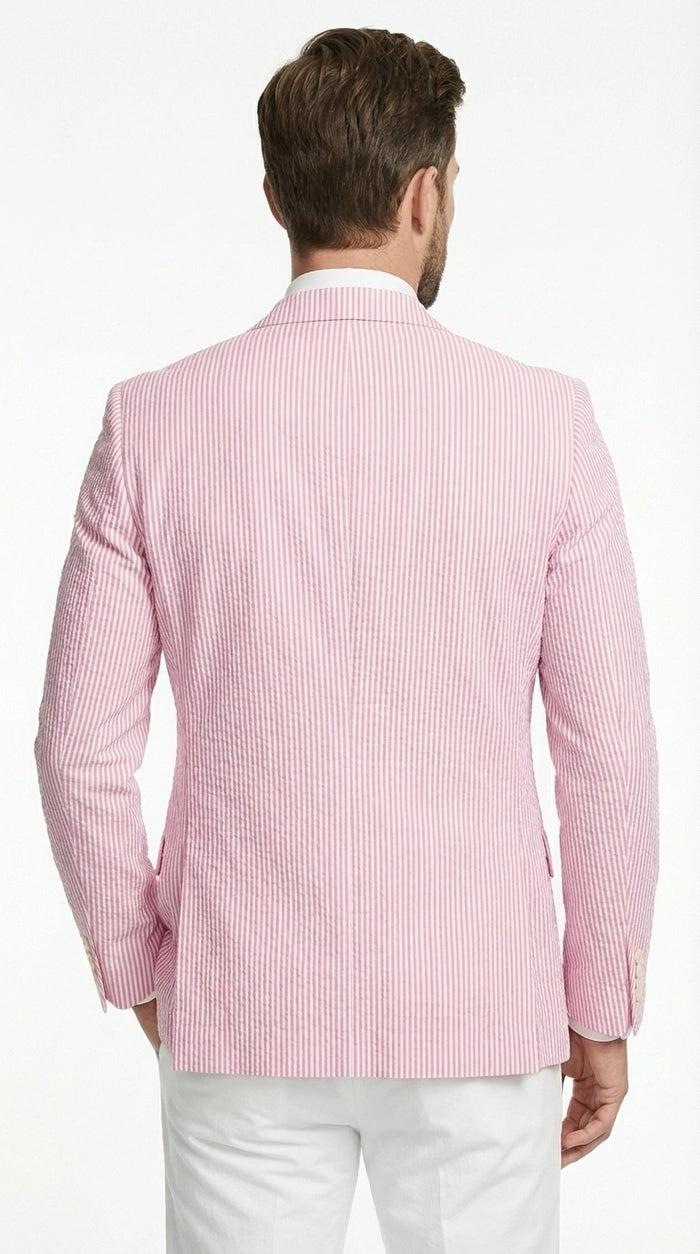 Men's Pink Seersucker Blazer – Lightweight Striped Summer Sport Coat Casual Smart Formal Jacket