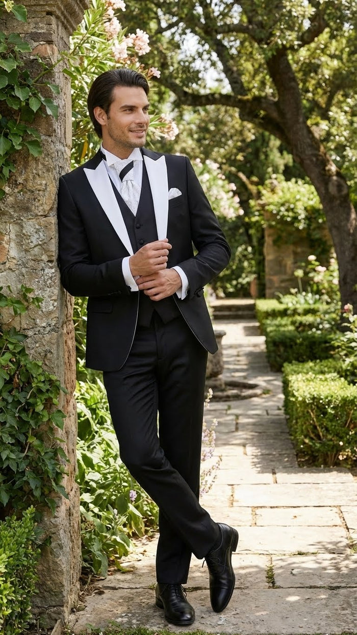 Mens Black and White Lapel Prom Tuxedo Suit  Black Vest  Black Pants Peak Lapel