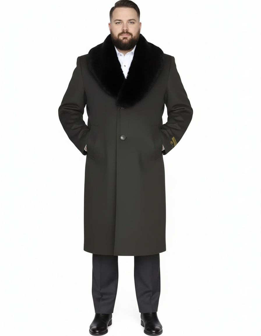 Mens Full Length Olive Overcoat with Black Fur Collar  Luxury Wool Fabric Winter Long Coat in Hunter Green